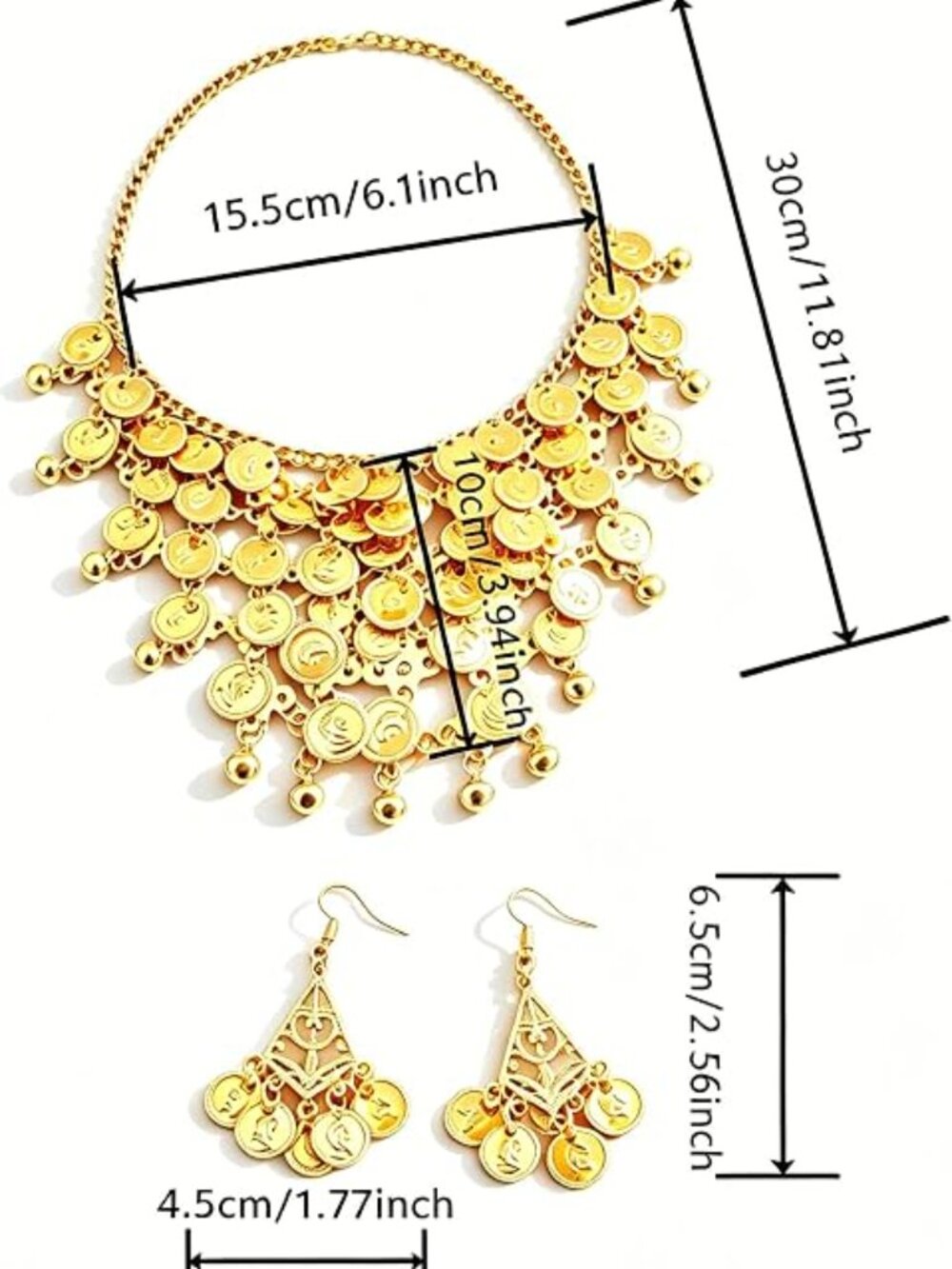 Women Adjustable Bohemia Gold Coin Tassel Choker Necklace Earrings - Picture 2 of 5